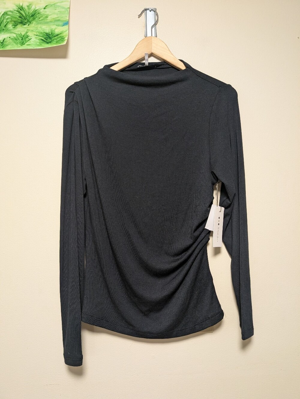 Three Dots Size L Ramy Pleated Top Anthracite Black Long Sleeve NWT